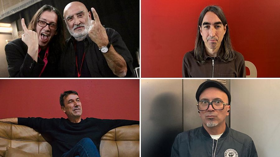 Cuatro retratos de hombres, posiblemente parte de un documental. Destacan dos individuos haciendo el signo de los cuernos, uno con chaqueta marrón, otro en un sofá y uno con gorra.