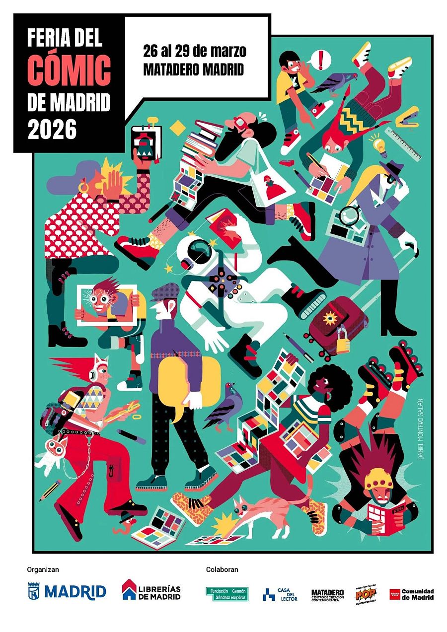 Un cartel colorido anuncia la II Feria del Cómic de Madrid, con ilustraciones de personas leyendo, dibujando y utilizando herramientas de cómic, como lápices y pinceles, sobre un fondo turquesa. Se incluyen logos de organizadores y colaboradores.