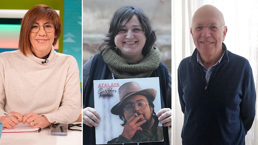 En la imagen se observan tres individuos: una mujer con gafas y jersey crema sentada, otra sonriendo con un vinilo y bufanda verde, y un hombre mayor con gafas y jersey azul oscuro. El título 