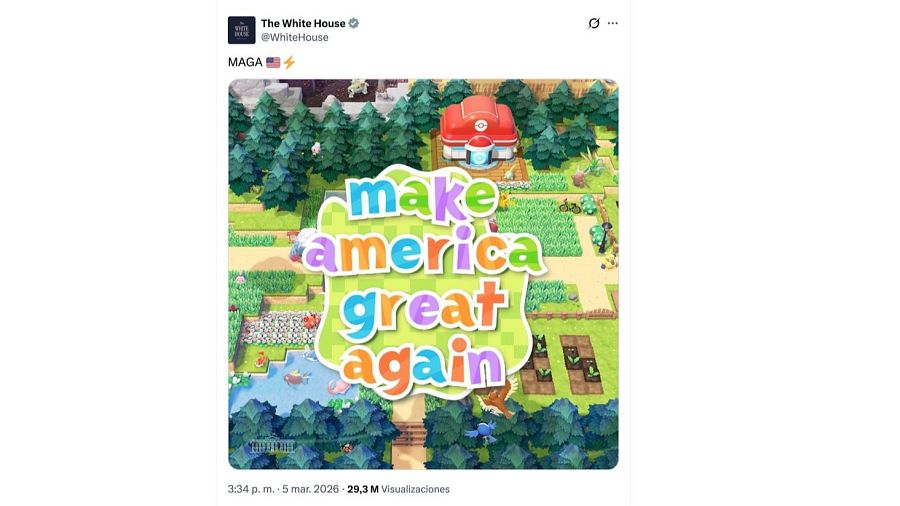 Una publicación en X de la Casa Blanca presenta una imagen de un videojuego con un entorno virtual que incluye un centro Pokémon y campos de cultivo, con un letrero que dice 