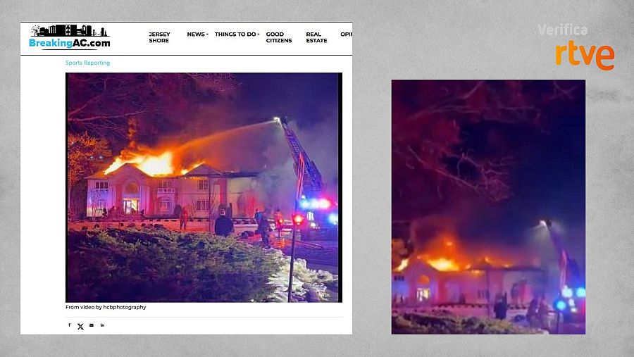 A la izquierda, imagen difundida en medios sobre el incendio, a la derecha, foto que utilizan para decir que es la residencia de Netanyahu