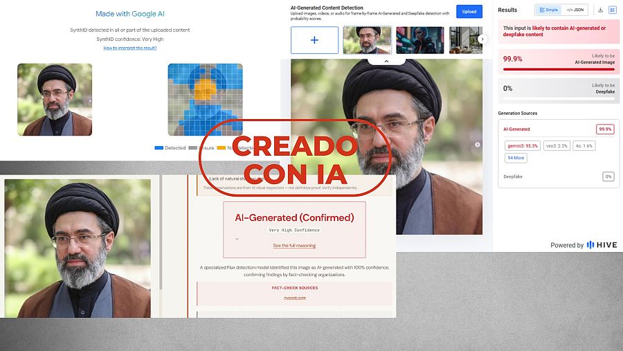 Hive, Google SynthID e Image Whisperer concluyen que es una foto creada con IA