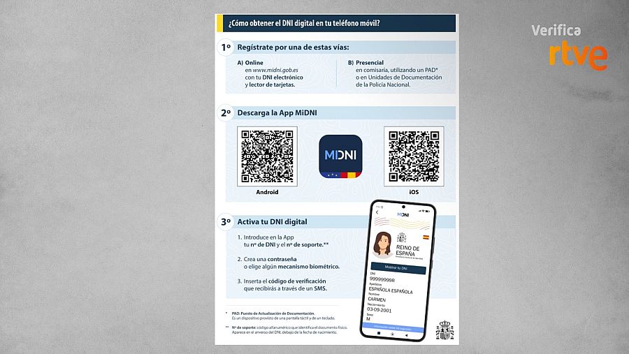 Instrucciones para tener la app MiDNI e imagen que se muestra al abrirla