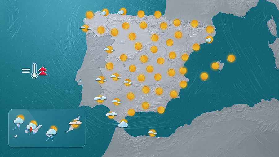 Un mapa meteorológico de España presenta sol en gran parte del territorio, con nubes en el noroeste y símbolos del tiempo en la esquina inferior izquierda, junto a un termómetro que indica aumento de temperaturas.