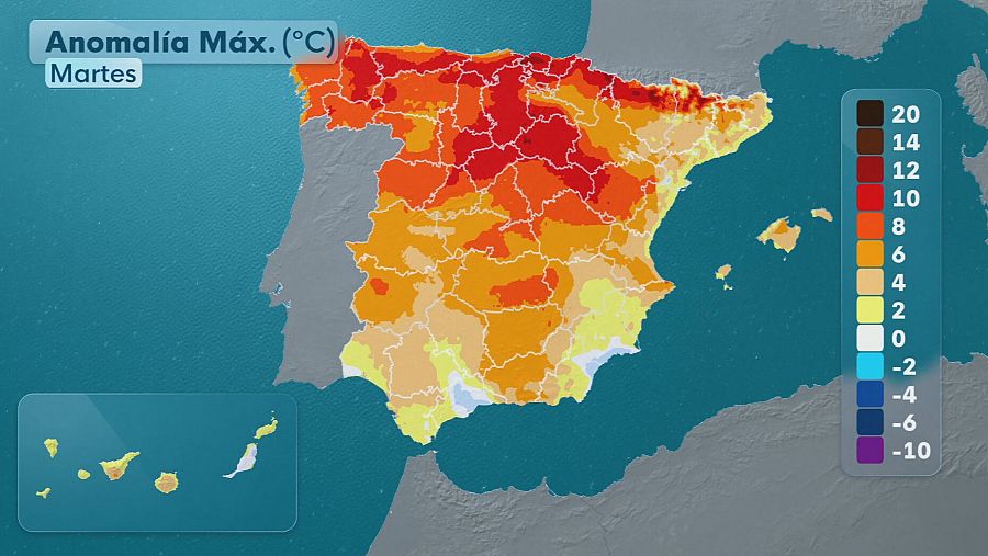 Mapa de España que representa la anomalía de temperatura máxima del martes, con una escala cromática que va desde los 20 grados (rojo) hasta los -10 grados (azul/morado), mostrando un incremento de las temperaturas en la península.