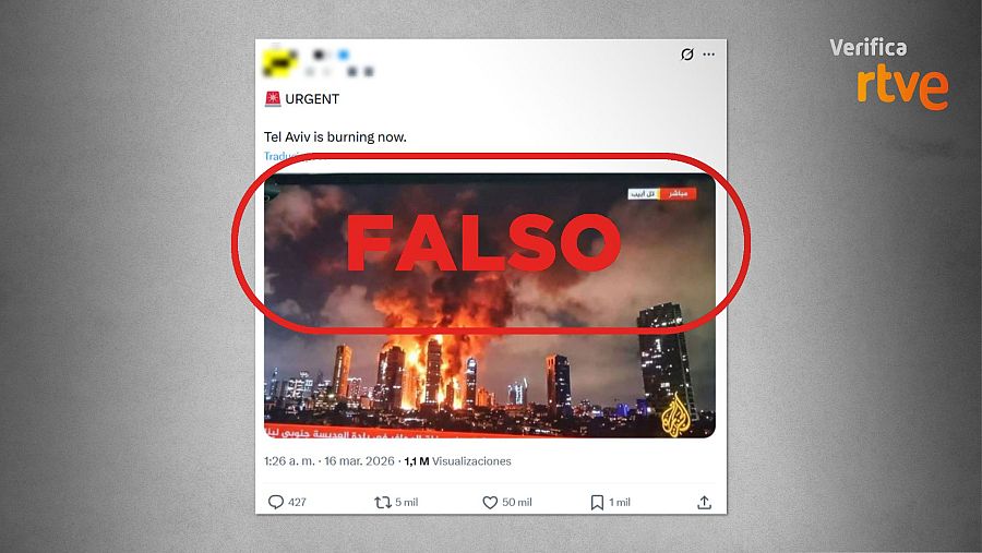 Mensaje de X que difunde un vídeo falso afirmando que es “Tel Aviv en llamas