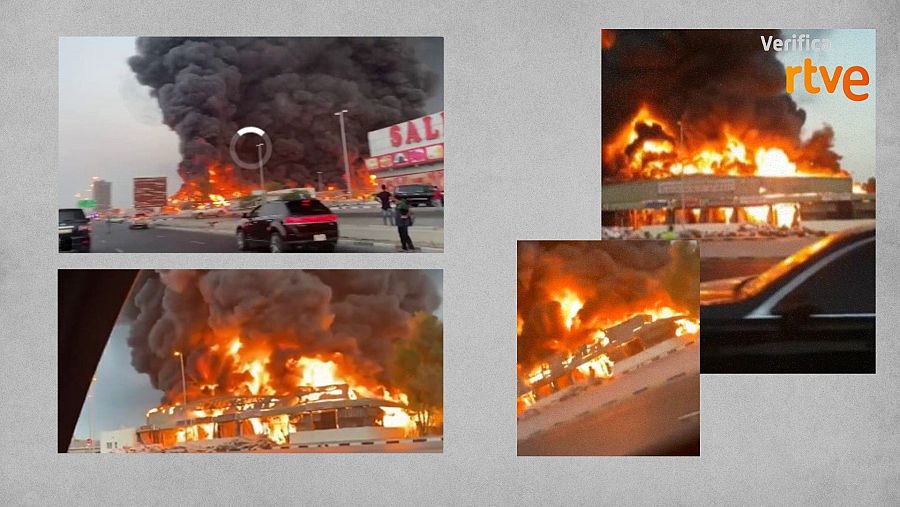 A la izquierda, imágenes que circulan en 2026; a la derecha, imágenes del incendio en Ajman de 2020