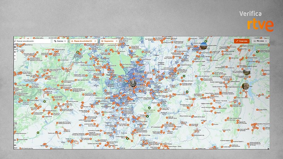 Sección de un 'mapa de calor' de la Comunidad de Madrid, con distintas rutas marcadas 