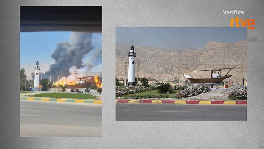 Comparativa entre el vídeo de la destrucción de Pars Sur y una imagen anterior del mismo lugar.