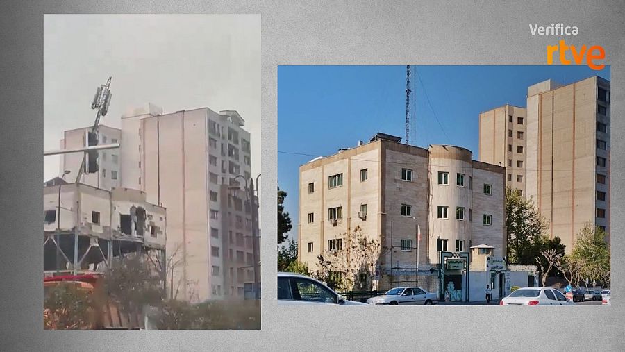 La comisaría de Niavaran, antes y después del bombardeo.