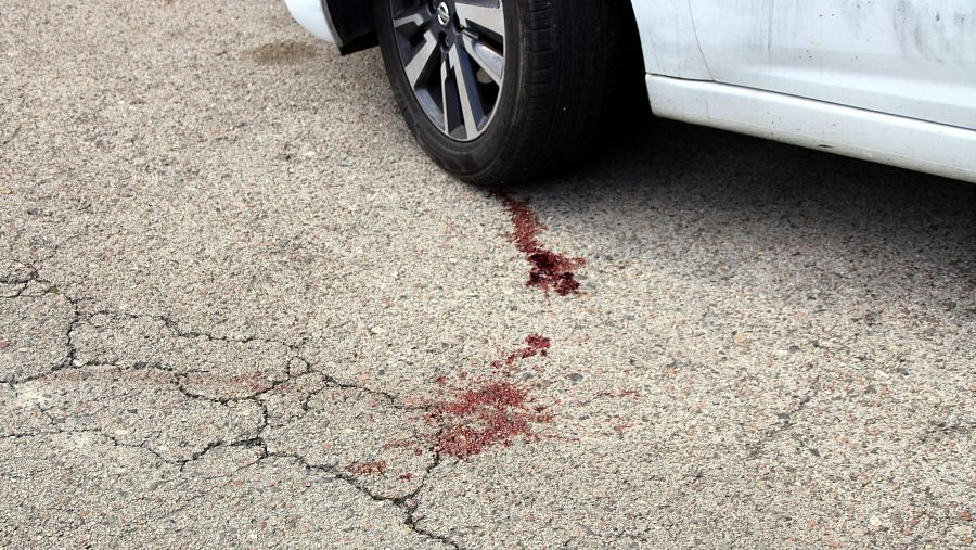Taques de sang al terra al carrer Almogàvers d'Olot on han localitzat un home mort amb ferides d'arma blanca