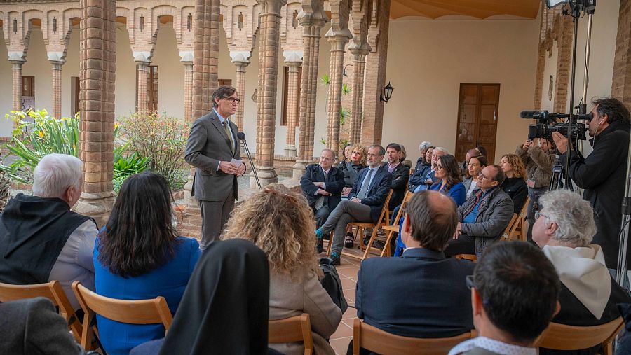 El president de la Generalitat, Salvador Illa, durant el seu parlament a la presentació d'Escolta Poblet