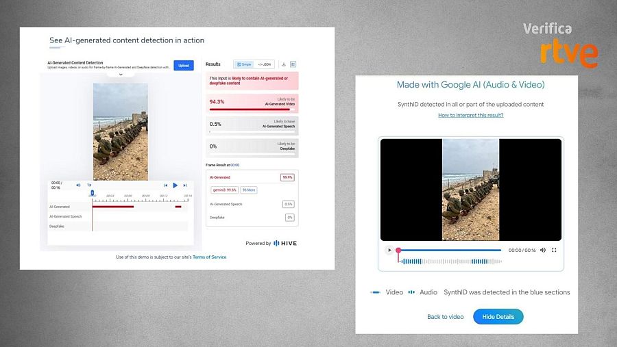 Resultados del análisis del vídeo con las herramientas de Hive y SynthID
