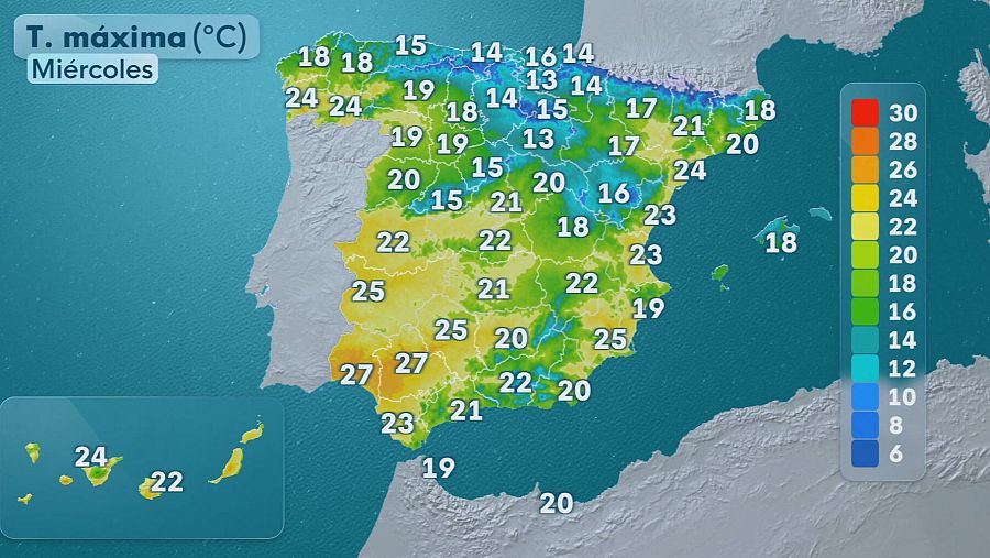 Previsión de las temperaturas máximas para España el 1 de abril