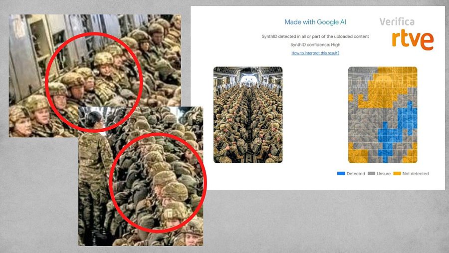 A la izquierda, deformidades en la foto; resultado de la herramienta SynthID