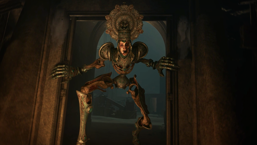 Imagen de una figura religiosa ensangrenatada con fragmentos de armadara atravesando un portal. Pertenece al videojuego español Crisol: Theater of Idols