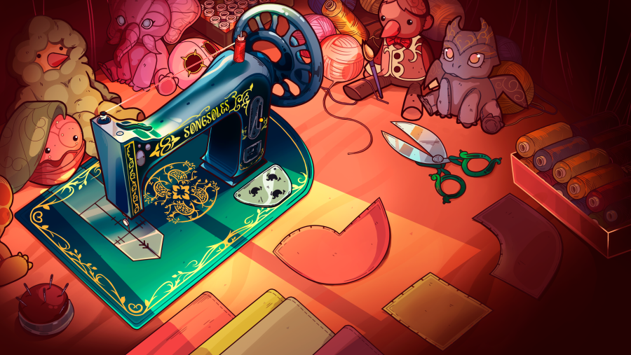 Imagen de una máquina de coser antigua, rodeada de utensilios de sastería y peluches