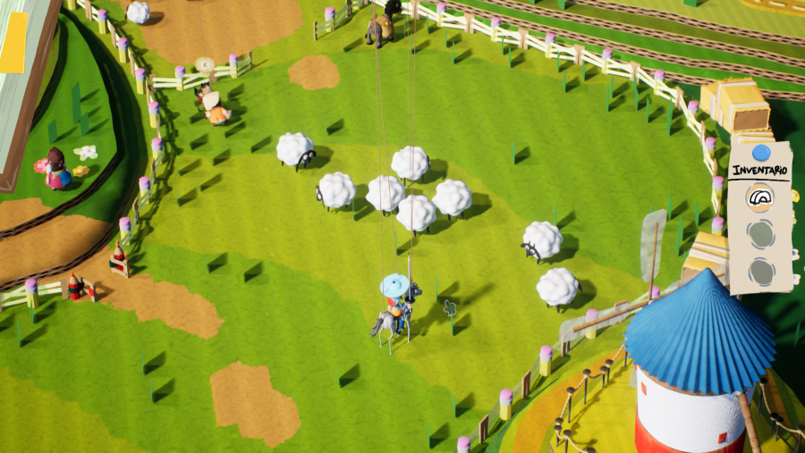 Vista aérea de una maqueta. Un caballero cabalga por un prado. A su paso hay ovejas y tambien un castillo y varias casas. Imagen estilizada aparentando ser una maqueta