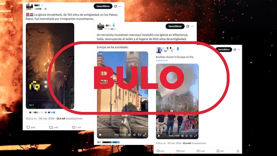 Mensajes que difunden el bulo de que los vídeos muestran incendios actuales en iglesias provocados por musulmanes