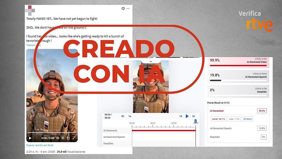 Vídeo creado con IA que muestra a la misma soldado con gesto sonriente