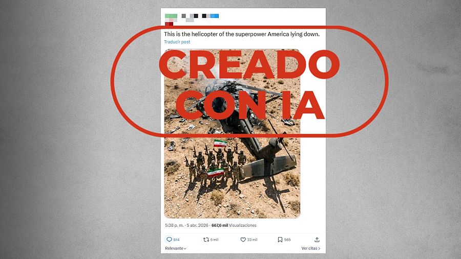 Publicación que difunde como real la foto de un helicóptero creada con IA