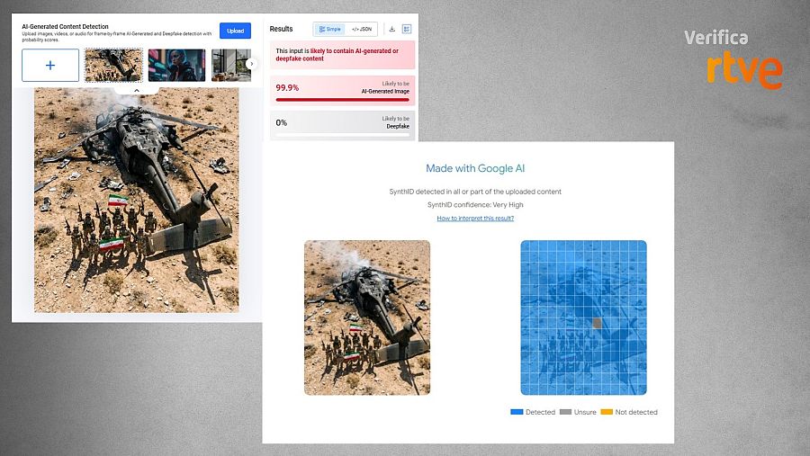 Resultados de Hive y de Google SynthID sobre esta foto generada con IA.