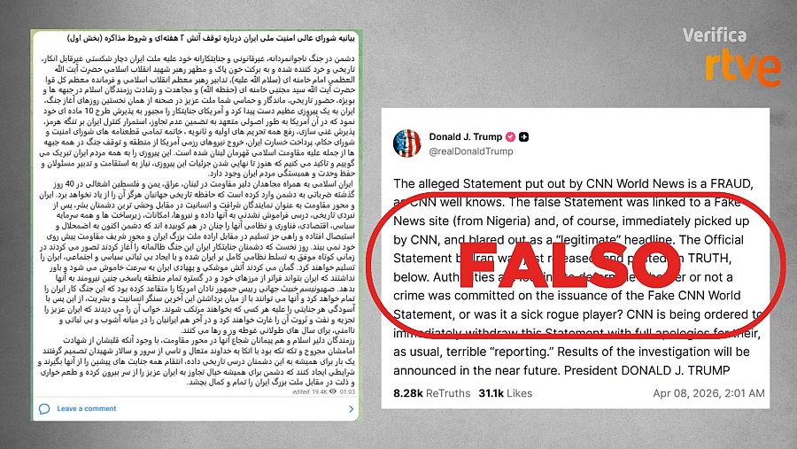 Comunicado de Irán y mensaje en el que Trump acusa falsamente a la CNN de inventárselo.