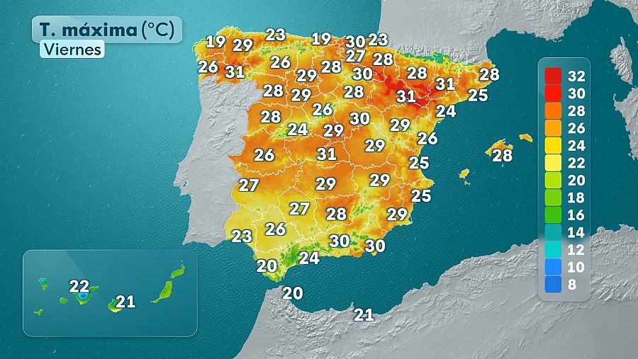 Temperaturas máximas previstas para el viernes.