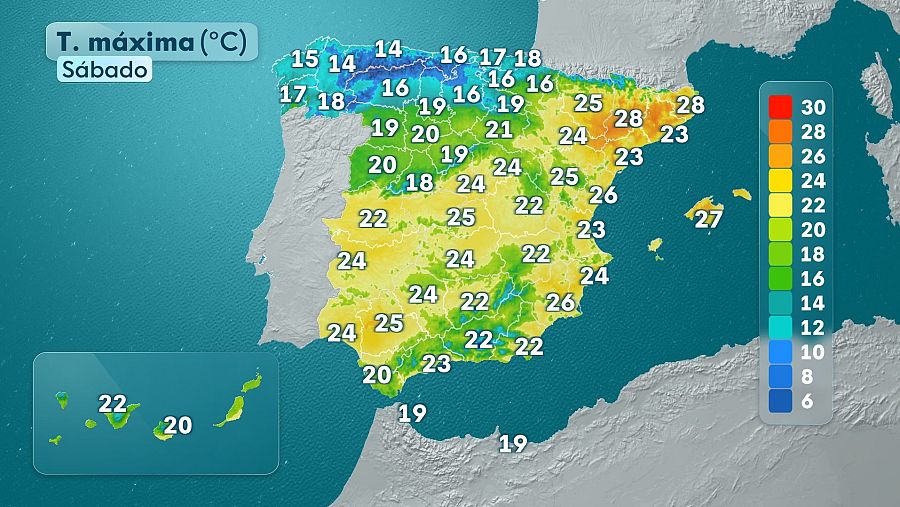 Temperaturas máximas previstas para el sábado.