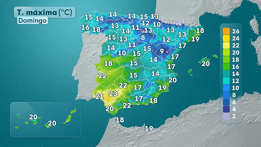 Temperaturas máximas previstas para el domingo.