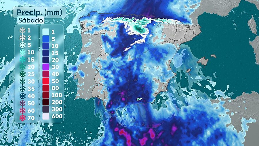 Precipitación acumulada prevista para el sábado.