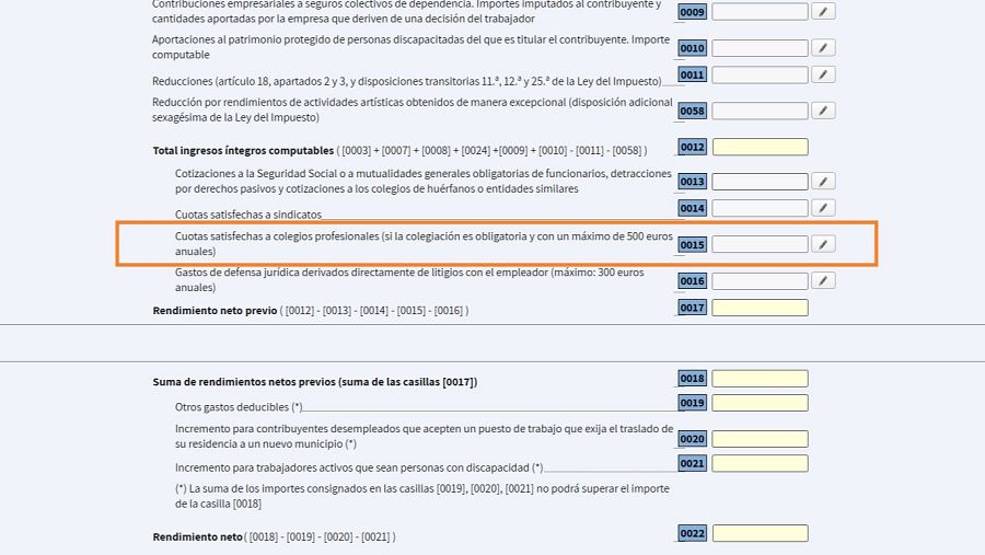 En el apartado de `rendimientos del trabajo' aparece la casilla 0015 para declarar las cuotas satisfechas a colegios profesionales.