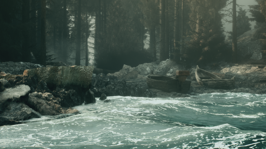 Imagen generada por ordenador de un bosque frondoso. En primer término hay pequeñas olas. En la orilla se aprecia una barca de madera. Es una. imagen del videojuegos español The Occultist