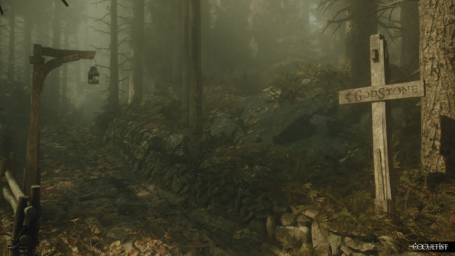 Imagen generada por ordenador de un bosque abandonado. Un camino frondoso lleno de hojas caídas al atardecer. Hay dos tablas de madera en forma de cruz. En una se lee Godstone.
