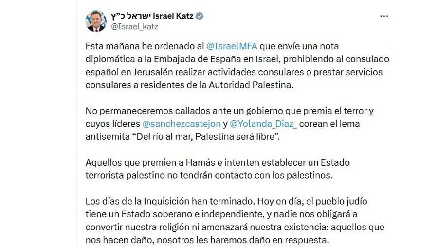 Mensaje del entonces ministro de Exteriores israelí, Israel Katz, en la red social X el 27 de mayo de 2024