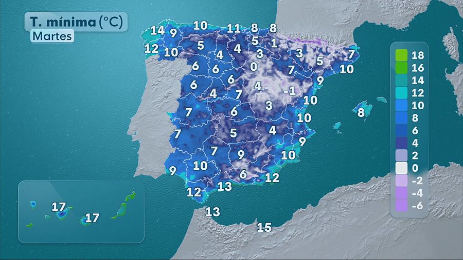 Temperaturas mínimas hoy en España