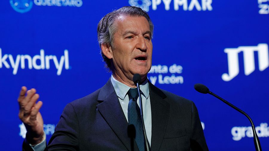 El presidente del PP, Alberto Núñez Feijóo, interviene en el VI Foro Económico ‘Wake Up, ¡Spain!, Wake Up Europe!’, organizado por El Español, a 16 de abril de 2026, en Madrid .