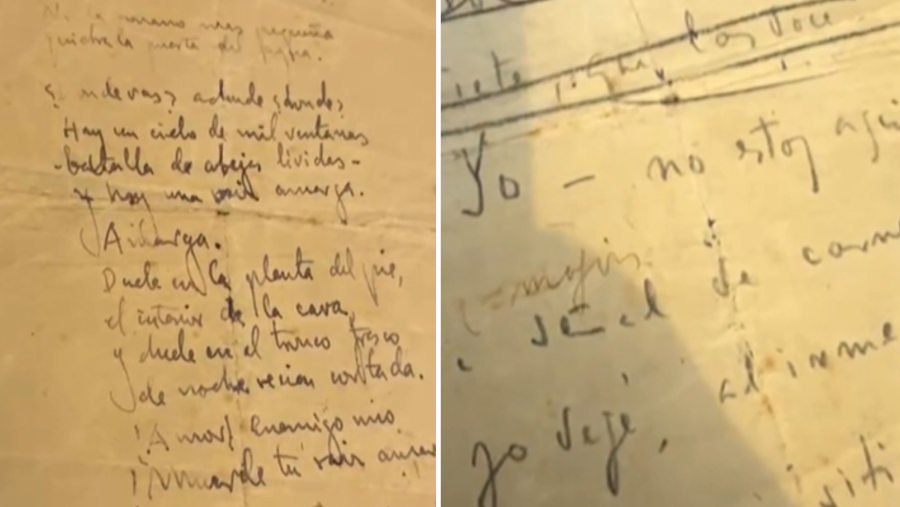 Dos fragmentos de un manuscrito en papel amarillento muestran una caligrafía cursiva. El texto, que podría ser un poema, incluye palabras como 