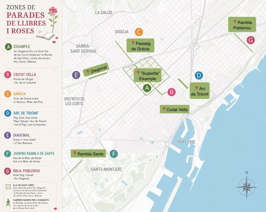 Mapa de zones de parades de llibres i roses per Sant Jordi
