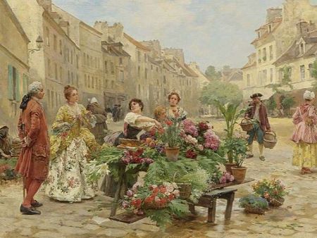 Una floristería callejera en un cuadro de Louis Marie de Schryver