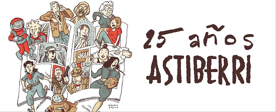Ilustración de Alfonso Zapico para celebrar los 25 años de Astiberri, con personajes de cómic saliendo de un libro y el texto 
