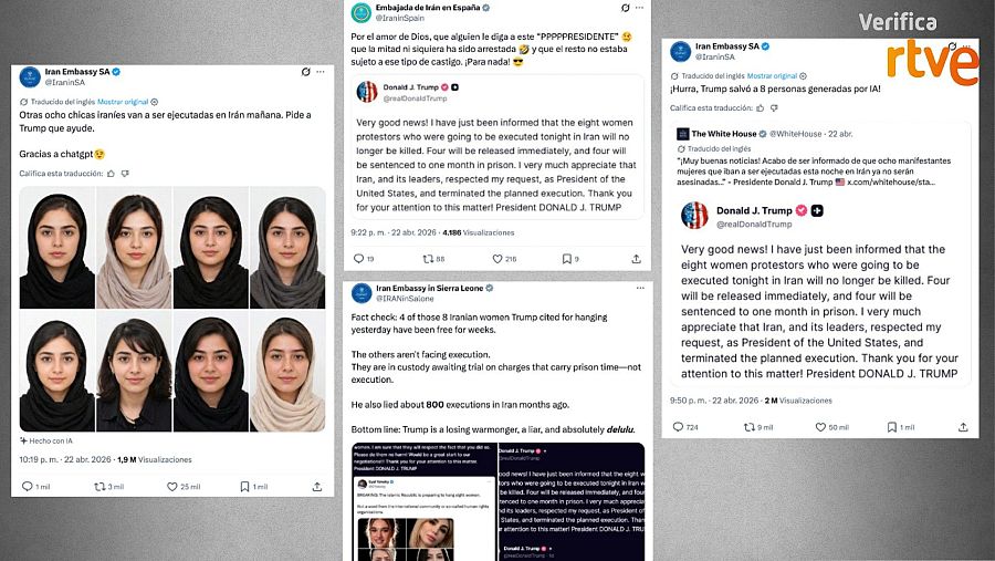 Publicaciones en X de embajadas de Irán cuestionando la veracidad de la imagen de las ocho mujeres iraníes 