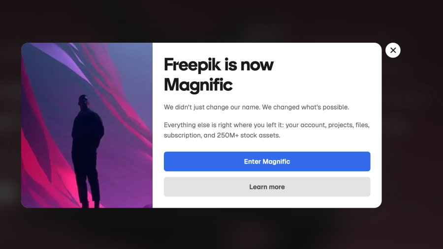 Captura de pantalla de la web de Magnific donde se puede leer en ingles Freepik is now Magnific