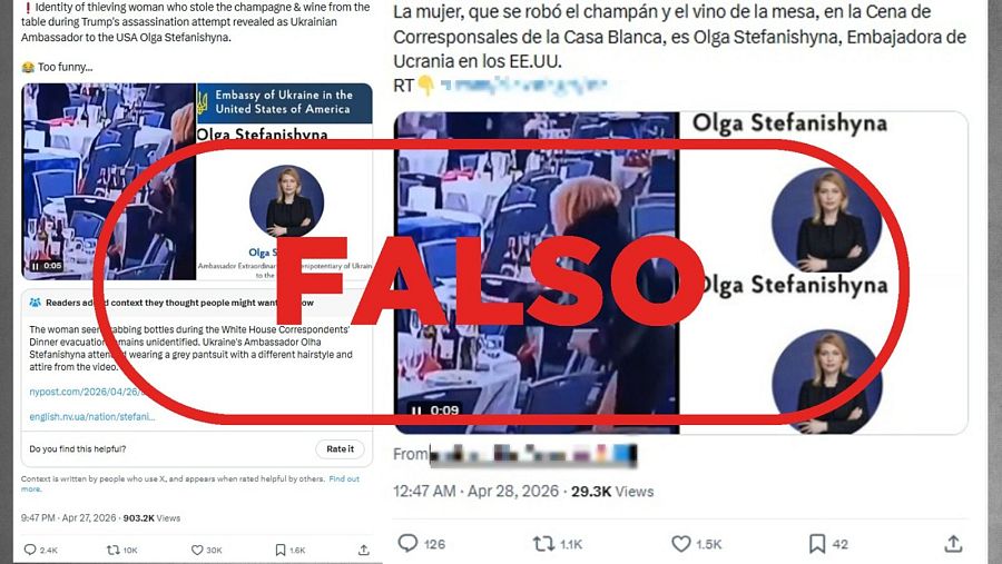 Mensajes que difunden la falsa idea de que la mujer que se lleva una botella en este vídeo es la embajadora de Ucrania