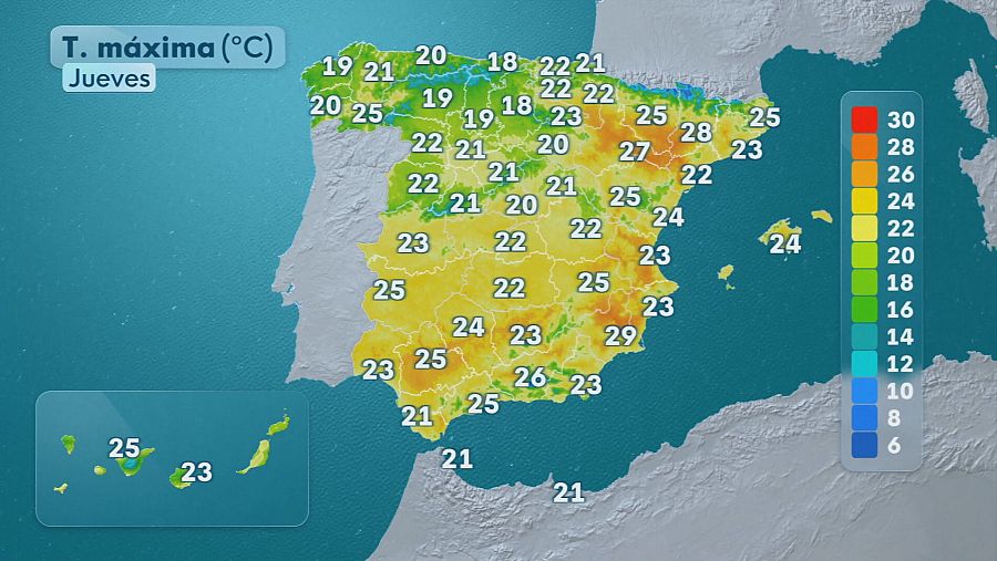 Mapa de previsión de temperaturas máximas del 30 de abril