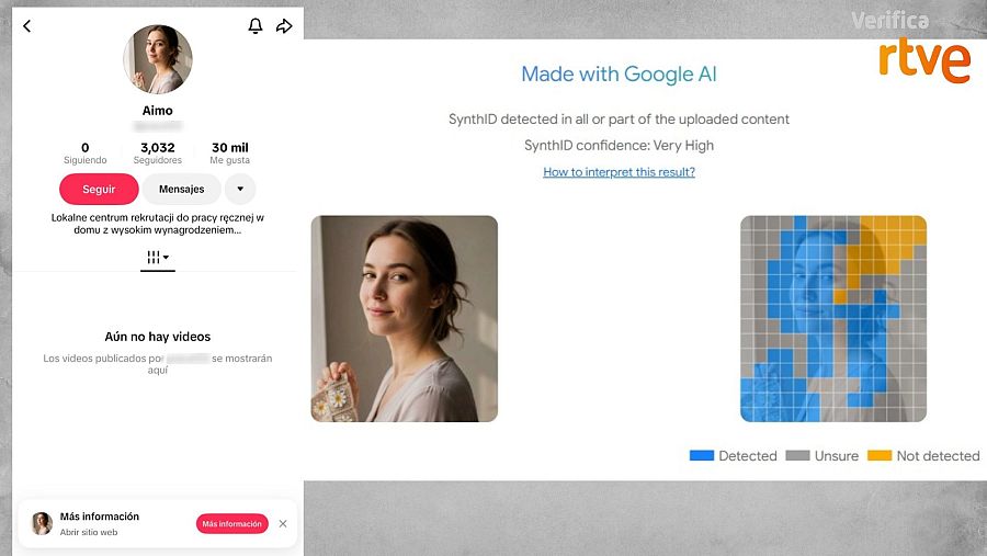 La herramienta de verificación de Google SynthID confirma que la fotografía de perfil de una de las cuentas está hecha con IA