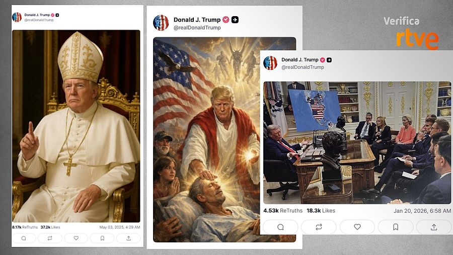 Montajes hechos con IA difundidos por la cuenta de Donald Trump. VerificaRTVE.