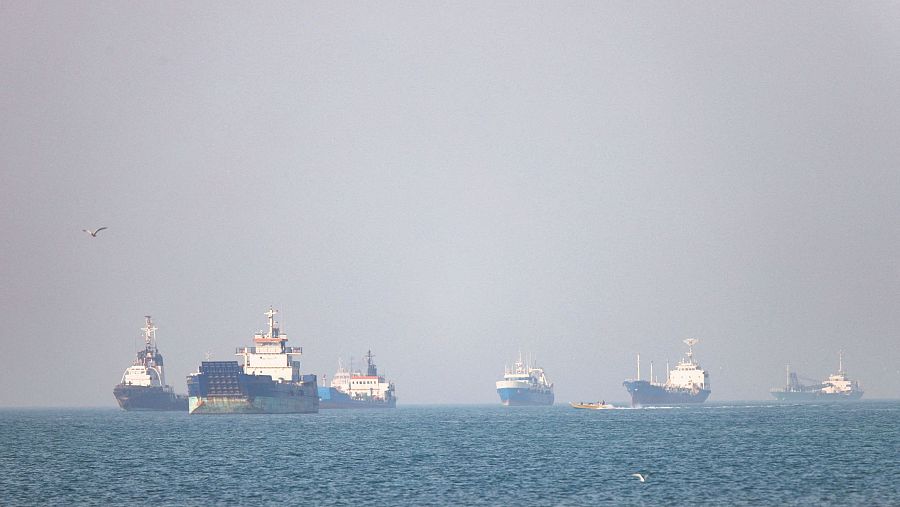 Vista panorámica de un estrecho marítimo concurrido con seis buques, dos gaviotas y cielo brumoso. Mar azul verdoso oscuro.