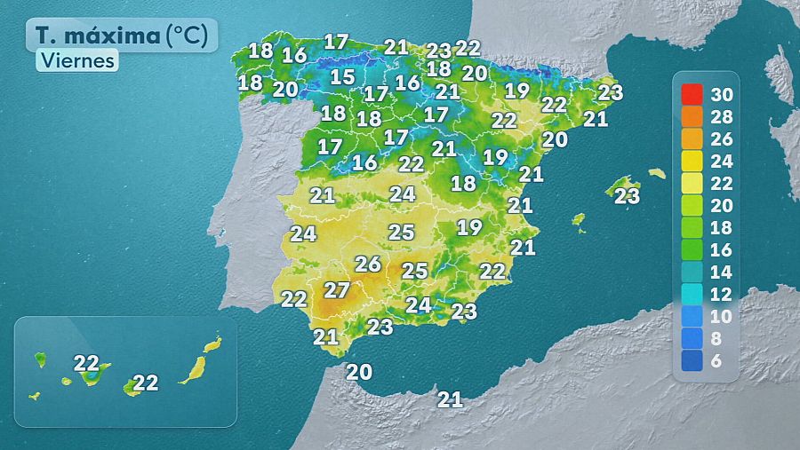 Mapa de temperaturas máximas (°C) para el viernes en España y Portugal, con rangos de 6°C a 30°C. El sur es la zona más cálida.