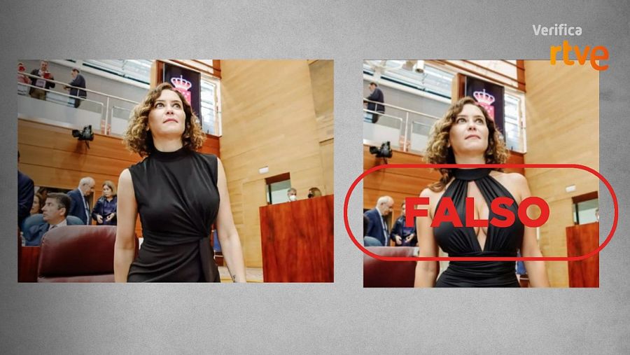 A la izquierda, una imagen de real de Isabel Díaz Ayuso; a la derecha, la imagen manipulada que circula en redes desde 2023.